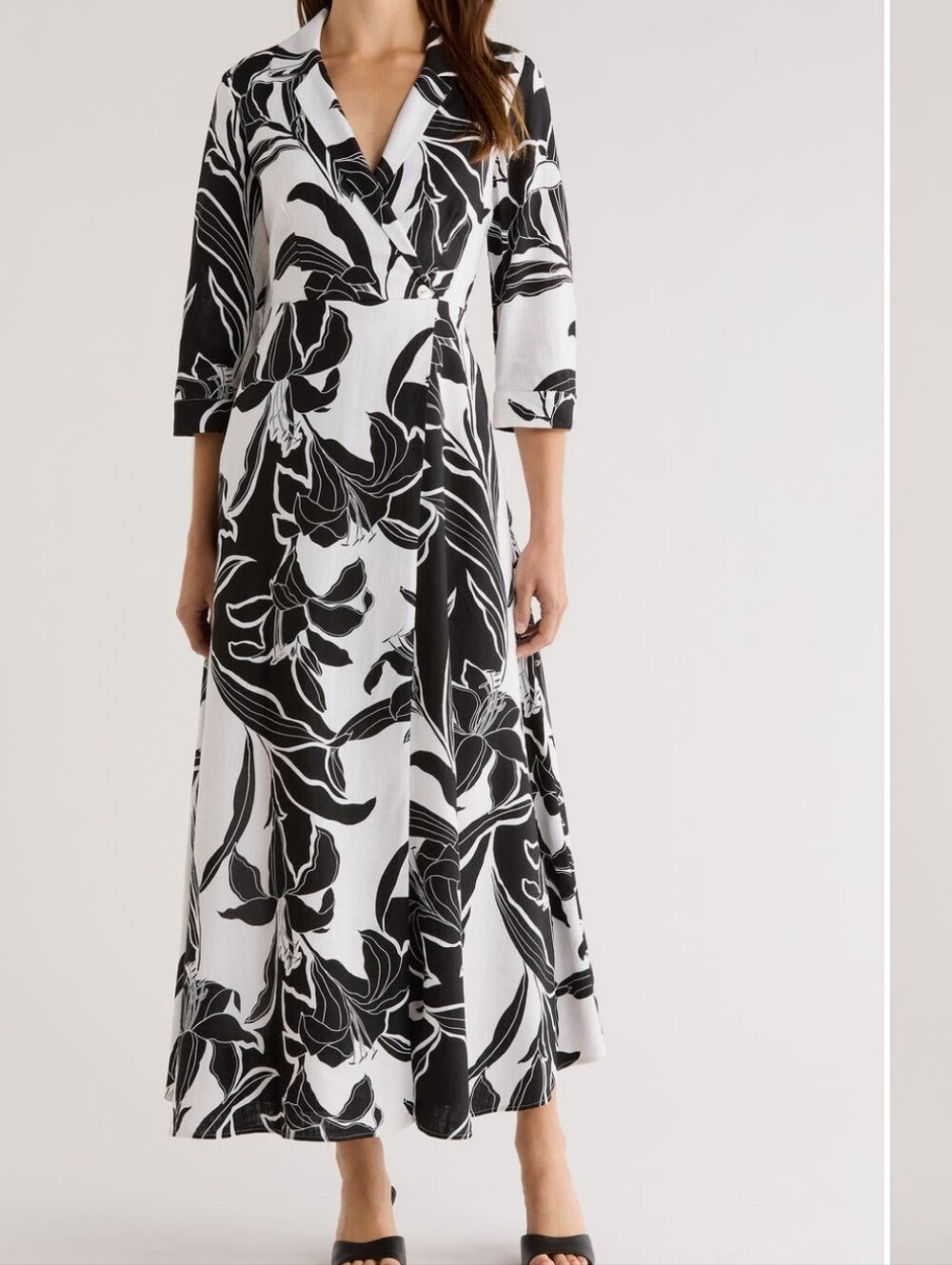 CeCe Large Black & White Floral Faux Wrap 3/4 Sleeve Maxi Dress Msrp $129
